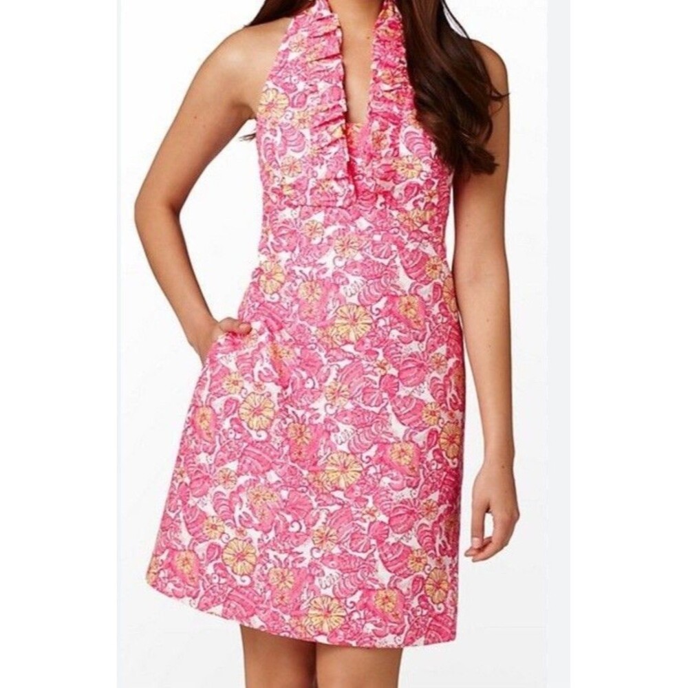 Lilly Pulitzer Lavin Halter Dress Pink Chum Bucket Fish Shells Ruffle Pockets 10